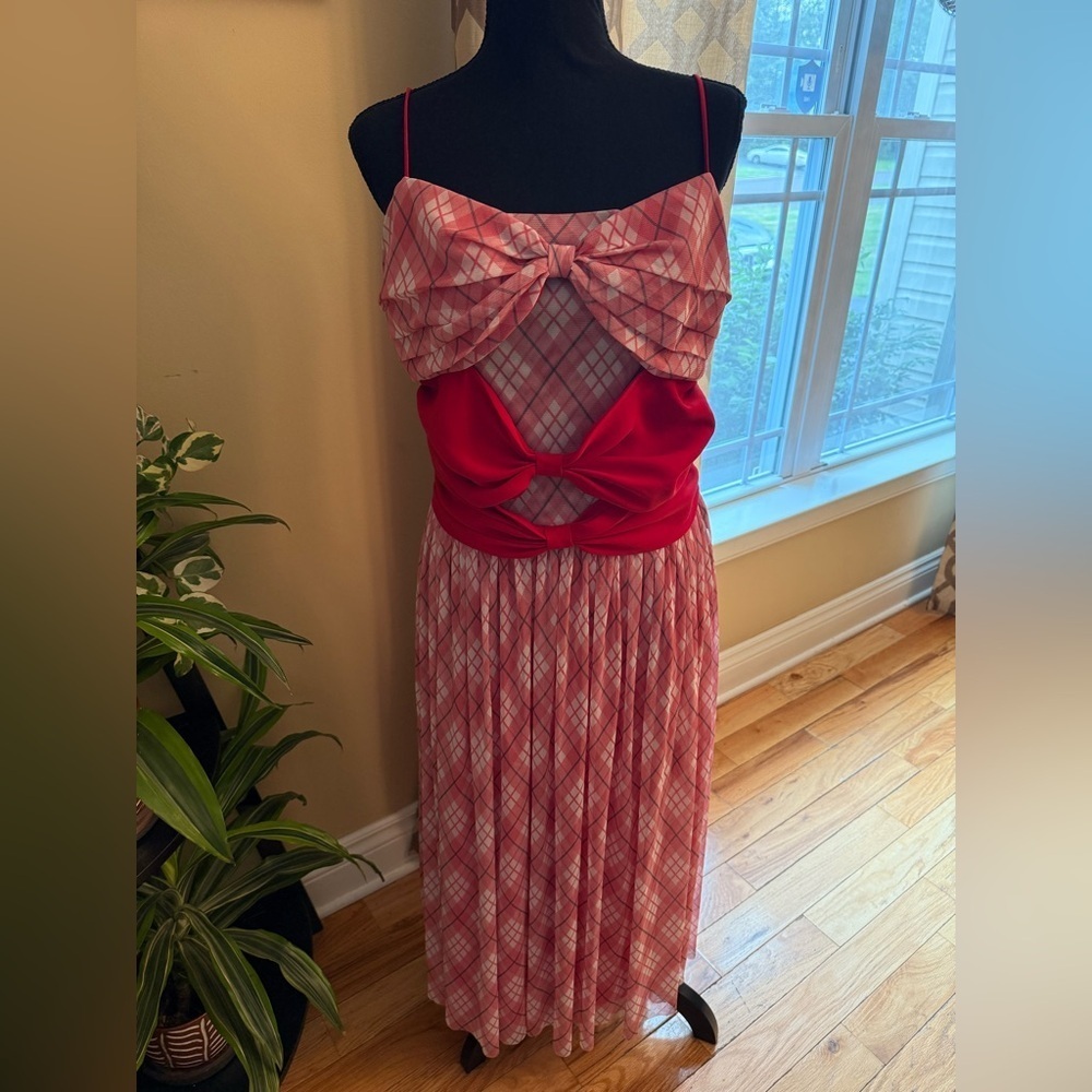 Adam Lippes Red Plaid Midi Sleeveless Dress Bows Women’s Size 12